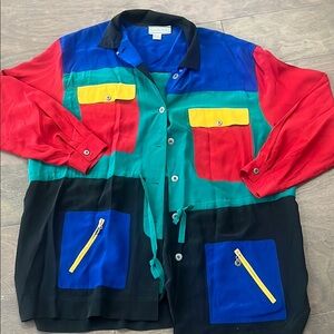 Retro Colorful Button-Up Silk Shirt with Pockets